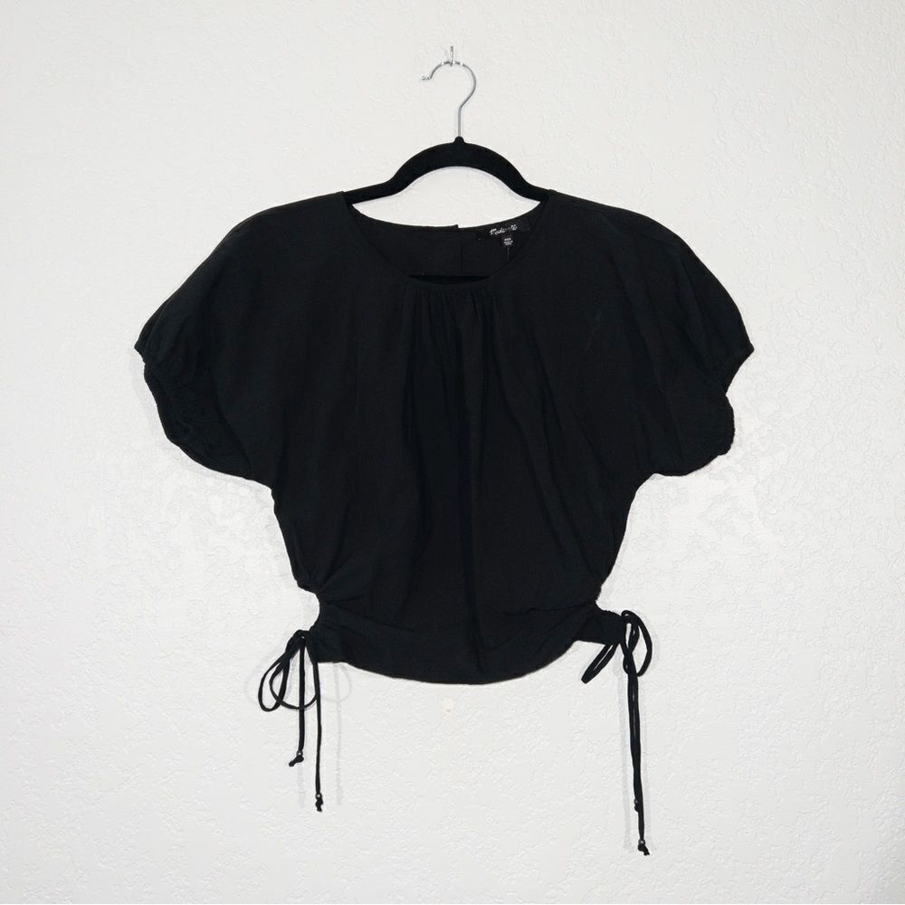 NWT Madewell Black Poplin‎ Puff Sleeve Cutout Crop Top Size XXS